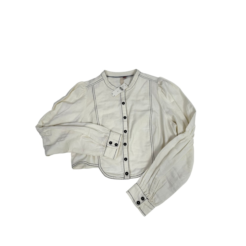 Anthropologie Pilcro Cropped Denim Jacket White Puff Sleeve Contrast Stitch M
